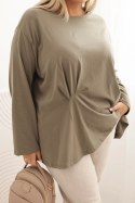Bluzka damska plus size z bawełną z długim rękawem i marszczeniem khaki  
