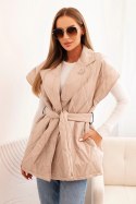 Damska kamizelka pikowana z paskiem i szerokim kołnierzem ciemno beżowa  