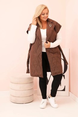 Kamizelka damska Plus Size pikowana z paskiem i kołnierzem czekoladowa  