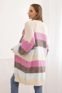 Kardigan sweter damski z wełną w kolorowe pasy beżowy  