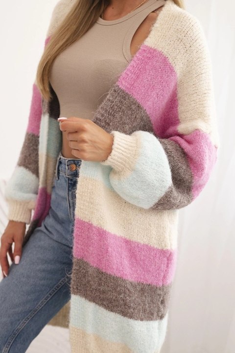 Kardigan sweter damski z wełną w kolorowe pasy beżowy Kardigan sweter damski z wełną w kolorowe pasy beżowy