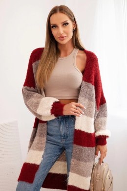 Kardigan sweter damski z wełną w kolorowe pasy bordowy  