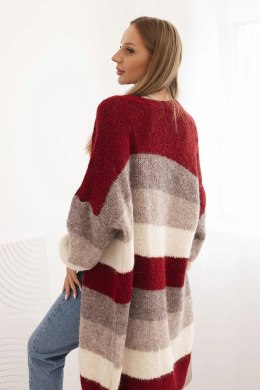 Kardigan sweter damski z wełną w kolorowe pasy bordowy  