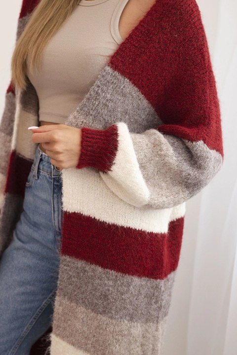 Kardigan sweter damski z wełną w kolorowe pasy bordowy Kardigan sweter damski z wełną w kolorowe pasy bordowy