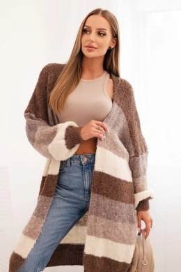 Kardigan sweter damski z wełną w kolorowe pasy brązowy  
