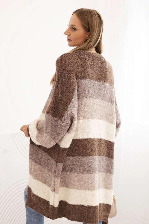 Kardigan sweter damski z wełną w kolorowe pasy brązowy Kardigan sweter damski z wełną w kolorowe pasy brązowy
