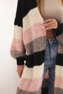 Kardigan sweter damski z wełną w kolorowe pasy czarny  