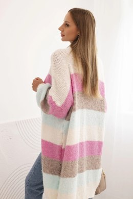 Kardigan sweter damski z wełną w kolorowe pasy ecru  