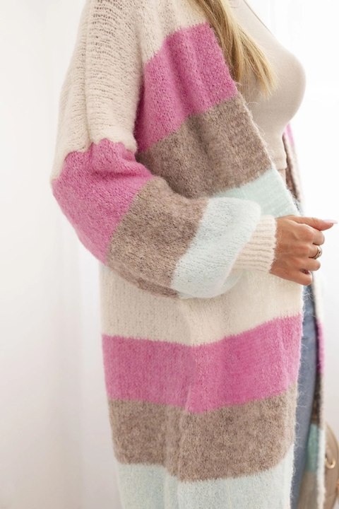 Kardigan sweter damski z wełną w kolorowe pasy ecru Kardigan sweter damski z wełną w kolorowe pasy ecru