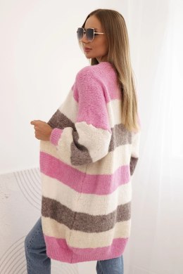 Kardigan sweter damski z wełną w kolorowe pasy rózowy  