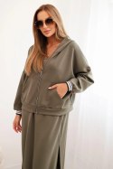 Komplet damska z wiskozą z rozpinaną bluzą i długą sukienką khaki  