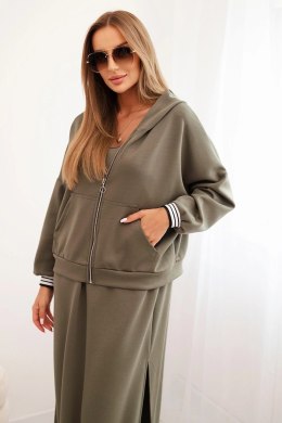 Komplet damska z wiskozą z rozpinaną bluzą i długą sukienką khaki  