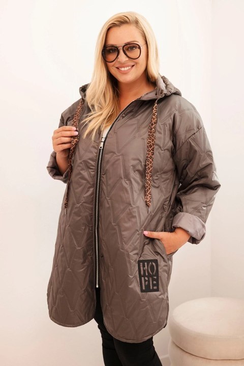 Kurtka damska Plus Size pikowana z kapturem i napisem HOPE cappucino Kurtka damska Plus Size pikowana z kapturem i napisem HOPE cappucino