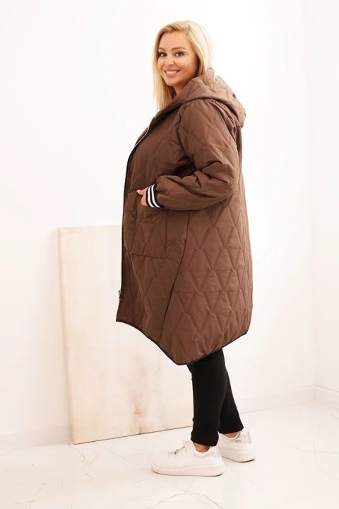 Kurtka damska Plus Size pikowana z kapturem i sportowymi mankietami czekoladowa Kurtka damska Plus Size pikowana z kapturem i sportowymi mankietami czekoladowa