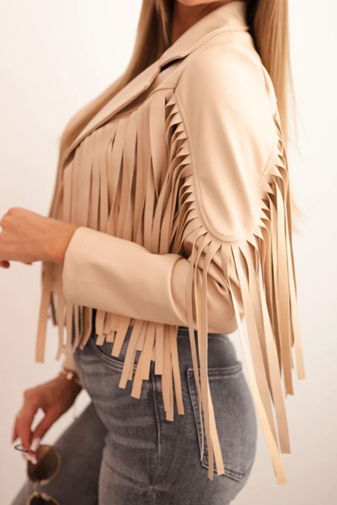 Kurtka damska z eko skóry z frędzlami w stylu boho jasno camelowa Kurtka damska z eko skóry z frędzlami w stylu boho jasno camelowa
