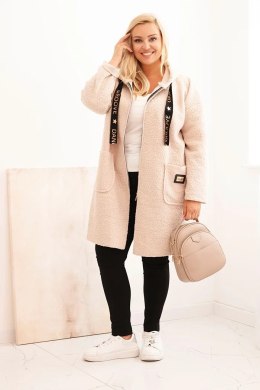 Płaszcz damski Plus Size ze sztucznego baranka z kapturem i kieszeniami beżowy  