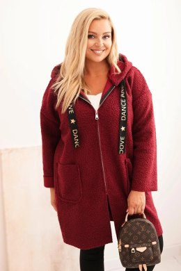 Płaszcz damski Plus Size ze sztucznego baranka z kapturem i kieszeniami bordowy  