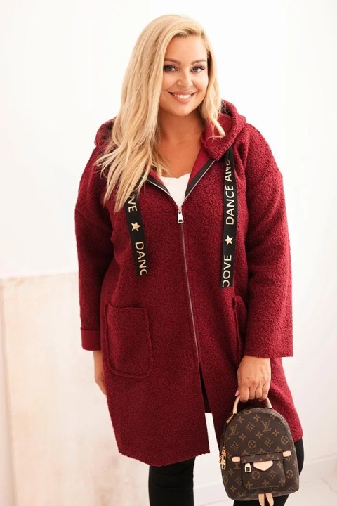 Płaszcz damski Plus Size ze sztucznego baranka z kapturem i kieszeniami bordowy Płaszcz damski Plus Size ze sztucznego baranka z kapturem i kieszeniami bordowy
