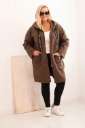 Płaszcz damski Plus Size ze sztucznego baranka z kapturem i kieszeniami camelowy  