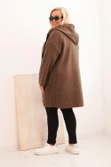 Płaszcz damski Plus Size ze sztucznego baranka z kapturem i kieszeniami camelowy  