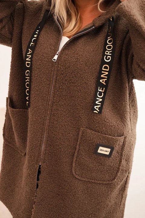 Płaszcz damski Plus Size ze sztucznego baranka z kapturem i kieszeniami camelowy Płaszcz damski Plus Size ze sztucznego baranka z kapturem i kieszeniami camelowy