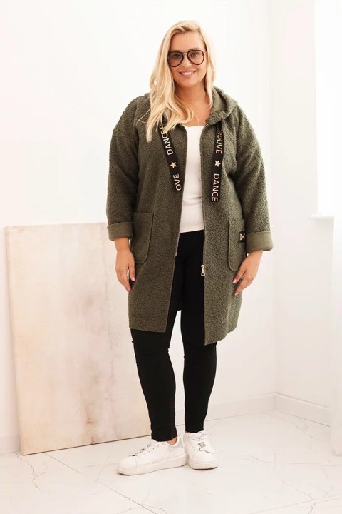 Płaszcz damski Plus Size ze sztucznego baranka z kapturem i kieszeniami khaki Płaszcz damski Plus Size ze sztucznego baranka z kapturem i kieszeniami khaki