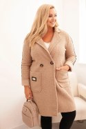 Płaszcz damski Plus Size ze sztucznego baranka z kieszeniami ciemny beżowy  