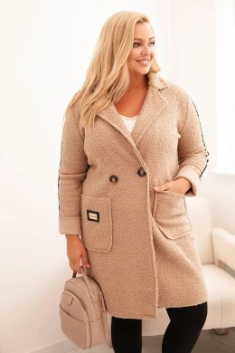 Płaszcz damski Plus Size ze sztucznego baranka z kieszeniami ciemny beżowy  