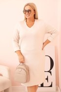 Sukienka damska Plus Size masełkowa z dekoltem V i rękawem beżowa  