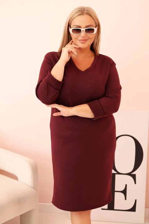 Sukienka damska Plus Size masełkowa z dekoltem V i rękawem bordowa Sukienka damska Plus Size masełkowa z dekoltem V i rękawem bordowa
