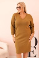 Sukienka damska Plus Size masełkowa z dekoltem V i rękawem oliwkowa  