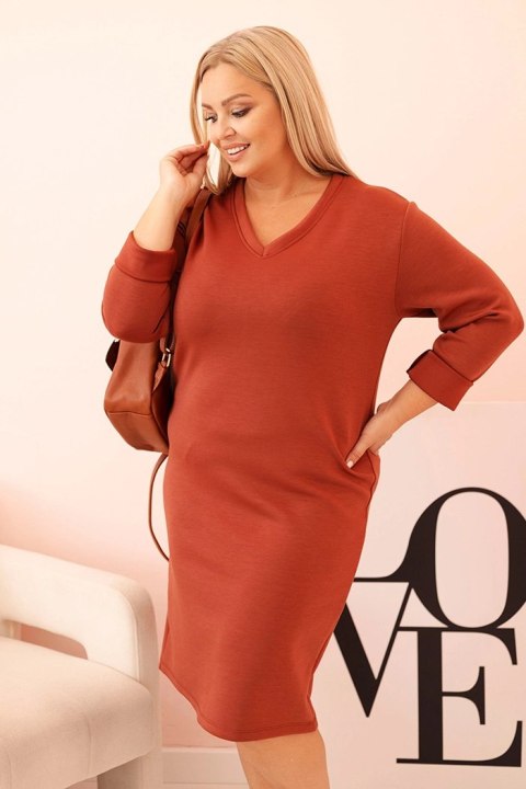 Sukienka damska Plus Size masełkowa z dekoltem V i rękawem ruda Sukienka damska Plus Size masełkowa z dekoltem V i rękawem ruda