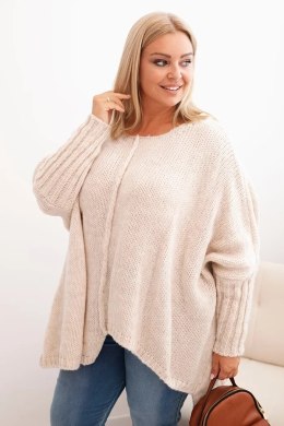 Sweter damski  Plus Size z akrylem o luźnym kroju i rękawem 3/4 beżowy  