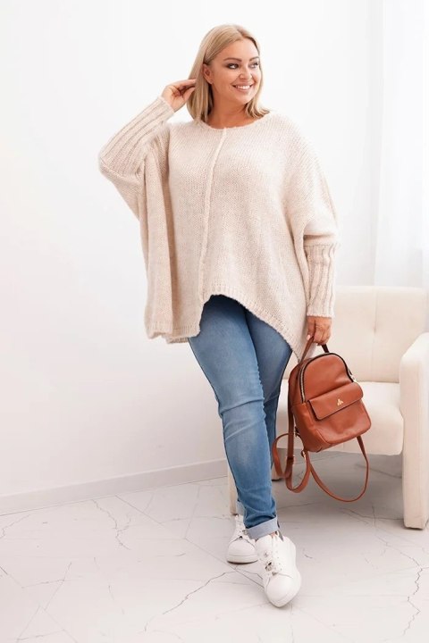 Sweter damski Plus Size z akrylem o luźnym kroju i rękawem 3/4 beżowy Sweter damski Plus Size z akrylem o luźnym kroju i rękawem 3/4 beżowy