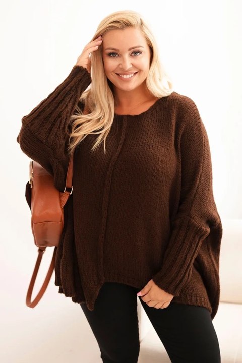 Sweter damski Plus Size z akrylem o luźnym kroju i rękawem 3/4 brązowy Sweter damski Plus Size z akrylem o luźnym kroju i rękawem 3/4 brązowy