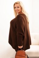 Sweter damski  Plus Size z akrylem o luźnym kroju i rękawem 3/4 brązowy  