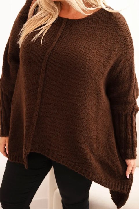 Sweter damski Plus Size z akrylem o luźnym kroju i rękawem 3/4 brązowy Sweter damski Plus Size z akrylem o luźnym kroju i rękawem 3/4 brązowy