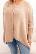 Sweter damski  Plus Size z akrylem o luźnym kroju i rękawem 3/4 camelowy  
