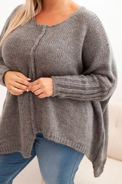 Sweter damski Plus Size z akrylem o luźnym kroju i rękawem 3/4 grafitowy Sweter damski Plus Size z akrylem o luźnym kroju i rękawem 3/4 grafitowy