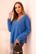 Sweter damski  z wiskozą z dekoltem w serek ciemno jeansowy  