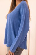 Sweter damski  z wiskozą z dekoltem w serek ciemno jeansowy  