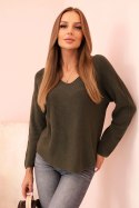 Sweter damski  z wiskozą z dekoltem w serek ciemny khaki  