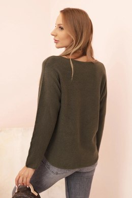 Sweter damski  z wiskozą z dekoltem w serek ciemny khaki  