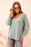 Sweter damski  z wiskozą z dekoltem w serek ciemny miętowy  