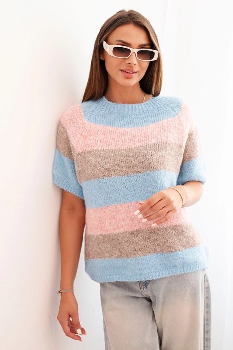 Sweter damski w pasy z krótkim rękawem z wełny fango + niebieski  