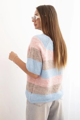 Sweter damski w pasy z krótkim rękawem z wełny fango + niebieski  