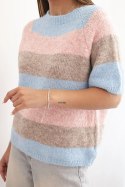 Sweter damski w pasy z krótkim rękawem z wełny fango + niebieski  