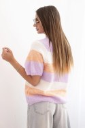 Sweter damski w pasy z krótkim rękawem z wełny morelowy + fioletowy  