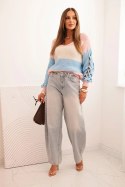 Sweter damski w pasy z warkoczami na rękawach z wełny jasno różowy + niebieski  