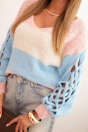Sweter damski w pasy z warkoczami na rękawach z wełny jasno różowy + niebieski  